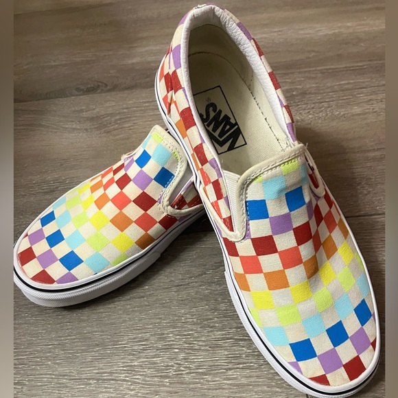 Vans Asher Canvas Slip On Sneakers Sz 8 White Rainbow Checkerboard - Picture 3 of 14